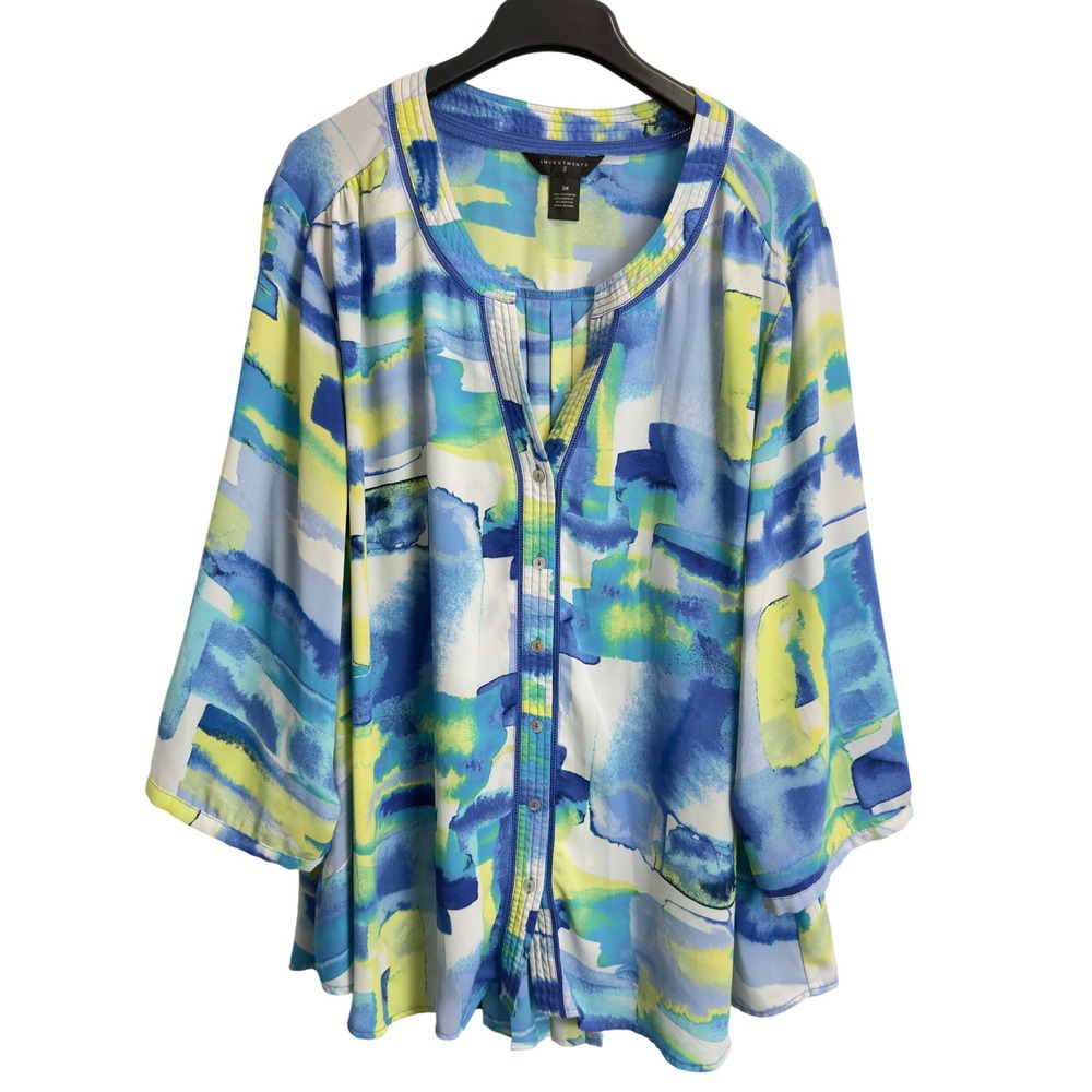 Investments II Blue Lime Abstract Watercolor Pleated Back Blouse Plus 3X